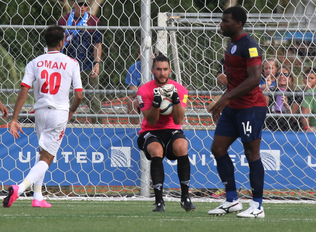 Guam Matao goalkeeper smothers the ball on a play during the team's 2018 FIFA World Cup Russia and AFC Asian Cup UAE 2019 Joint Preliminary Qualification Round 2 match against Oman, played on Sept. 8, 2015 at the Guam Football Association National Training Center. Jaye recently signed a professional contract to play for USL side FC Cincinnati.