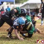 Hal's Angels Alex Sojo gets sandwiched by two Packers defenders. (photo by Bout It Productions)