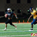 Sanchez Shark QB Jayton Penaflor scrambles as he looks for an open receiver. (Photo by Michael Blas)