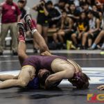 FD's Tommy Pool gets a pin on GW Gecko Noah Quichocho in a highly anticipated showdown at 170 lbs. (Photo by Bout It Productions)