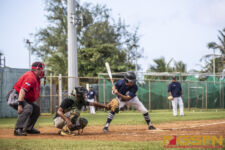 ND Royals Nico Velez gets caught looking by the pitch by JFK Islanders Gavin Lim. ( Photo by Bout It Productions )