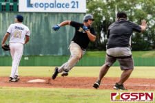 JFK Islander Vince Camacho runs past third base and makes his way to home plate off an RBI by Zion Benavente to put the Islanders up 2-1 in the 7th inning. (Photo by Michael Blas)