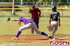 GW Gecko first baseman Franklin Ninete outs JFK Islander Jobe Andrew. (Photo by Michael Blas)