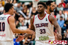 Guam's Earnest Ross and Willie Stinnett celebrate after drawing a foul for a shot at the charity line. New Zealand defeated Guam 113-94 in the FIBA Asia Cup 2021 Qualifiers match. (Photo by Michael Blas)