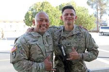 A pair of Chamorro-blooded Soldiers in the California Army National Guard unite during the 49th Military Police Brigade 2020 Best Warrior Competition (BWC) Aug. 8-12, 2020, at Camp Roberts, California. Staff Sgt. Joey J. Gogue, right, earned the top noncommissioned officer (NCO) title, besting a field of 12 competitors. Camacho is senior enlisted advisor of the 143rd Military Police Battalion and was on the NCO review board that tested Gogue. “I was going to ask him what does “Hafa Adai” mean,” joked Camacho. Gogue represented Forward Support Company, 579th Engineer Battalion, and now represents the 49th in November’s state-level BWC against possibly another 10 NCOs. “It was a tough competition, very challenging especially because of the heat,” Gogue said, noting weather temperature hovered above 100 degrees during the outdoor events. “I’ll be doing my best in the next competition.” If he wins again, Gogue will represent California in National Guard Bureau’s Regional BWC, where he will compete against top NCOs from Hawaii, Nevada, Colorado, Arizona, New Mexico, Utah and Guam. Guam was to host this year’s Regional BWC, but the coronavirus pandemic halted the May event. (U.S. Army National Guard photo by Staff Sgt. Eddie Siguenza)