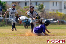 GW Gecko Savannah Grant slides into second base before Academy Cougar Kaudence Chaco tags her. (Photo by Michael Blas)