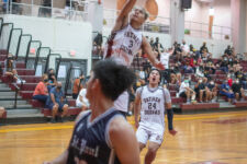 Friars Daryl Robles slams a dunk and teammate Blaise Ada reacts as his bucket puts the Friars up big late in the 4th. (photo by Raine Delos Reyes)