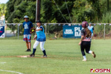 Southern Tiara Santos makes the catch at second for an out against Peaches Kiana Palomo. (Photo by Michael Blas)