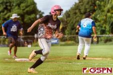 Peaches Ashley Mendiola makes a run for home plate. (Photo by Michael Blas)
