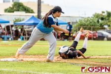 Southern Nik Sanchez makes the catch at first for a double play. (Photo by Michael Blas)