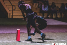 Guam High Panther Robert Ellis gets forced of bounds just 1 yard shy of the endzone. (photo by Bout It Productions)