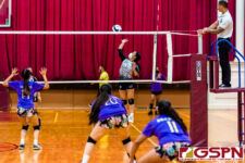 The SSHS Sharks defeated the GW Geckos in four sets, 21-25, 25-22, 25-19, 25-22, on opening night of the ISA Girls Volleyball season. (Photo by Michael Blas)
