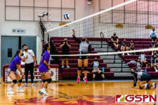 The SSHS Sharks defeated the GW Geckos in four sets, 21-25, 25-22, 25-19, 25-22, on opening night of the ISA Girls Volleyball season. (Photo by Michael Blas)