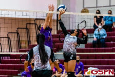 The SSHS Sharks defeated the GW Geckos in four sets, 21-25, 25-22, 25-19, 25-22, on opening night of the ISA Girls Volleyball season. (Photo by Michael Blas)