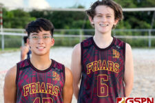 Christian Lobaton and Cameron Kelley advances to the next round of the IIAAG Boys Beach Volleyball Tournament. (Photo by Michael Blas)