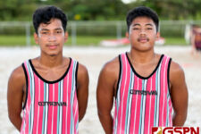 Tyrone Buekis and Gerald Malana advances to the next round of the IIAAG Boys Beach Volleyball Tournament. (Photo by Michael Blas)