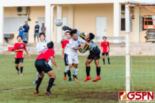 SJS Knight Miles Ganeb makes a save from a header attempt by HCA Eagle Geonhee Lee. (Photo by Michael Blas)