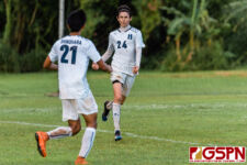 HCA Eagles Christian Shinohara and David Thompson celebrate after scoring a goal in the opening minutes of the second half. (Photo by Michael Blas