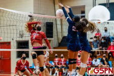 SJS Knight Wendy Zheng gets blocked by AOLG Cougars Hinengi San Nicolas and Sophia Kelly. (Photo by Michael Blas)