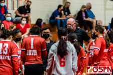 SJS Knights take a time out after a huge momentum swing to the AOLG Cougars. (Photo by Michael Blas)