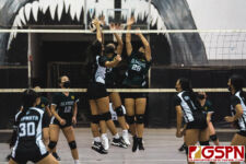 SSHS Shark Kayna Kanemoto tips against JFK Islanders Allesandra Pagdilao and Tommie-Lyn Santos. (Photo by Michael Blas)