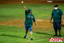Governor Lou Leon Guerrero tosses the first pitch of the UOG Invitational Baseball Tournament. (Photo by Michael Blas)