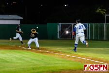 UOG Triton Andrew Perez grabs the pass for an out on Dodger Randy Alcantara. (Photo by Michael Blas)