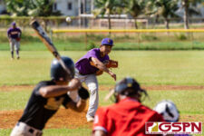 GW Gecko Pitcher Jarren Gumataotao throws the first pitch of their playoff match against the JFK Islanders. (Photo by Michael Blas)