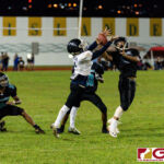 Southern Dolphins Isaac Jesus snatches the ball from Islander Nico Velez for the interception. (Photo by Michael Blas)