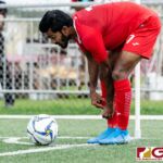 Maldives Forward Ibrahim Mamudhee prepares for a corner kick early in the first half. (Photo by Michael Blas)