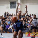 Notre Dame Royals Haley Salas looks for the basket while Academy Cougars Mia San Nicolas looks for another block. (Photo by Michael Blas)