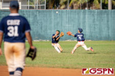 Guam's Zavier Camacho makes the catch in the outfield to close the 5th inning. (Photo by Michael Blas)