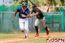 New Zealand's Gabriel Lesoa tags Guam's Nolan Babauta out on a scramble between third base and home base. (Photo by Michael Blas)