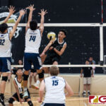 Tiyan Titans Calib Naputi gets the kill through Eagles Michael Choi and Jacob Oshiro. (Photo by Michael Blas)