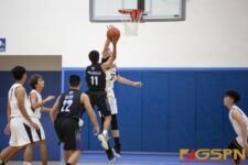 ND Royals Bryce Chargualaf attempt a shot over Harvest Eagles Joe Henderson. ( photo by Bout It Productions )