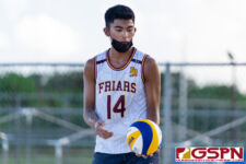 The FD Friars Maroon (Kiko Damian/Thomas Moylan) and FD Friars Gold(Joseph Mafnas/Deavan Hudtohan) faced off for first place in the 2021 IIAAG Boys Beach Volleyball Finals. (Photo by Michael Blas)