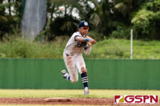 ND Royal Dominic Cruz launches the ball to first base for an out in the second inning. (Photo by Michael Blas)