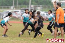 The Southern Dolphins hit the field against the Tiyan Titans Saturday afternoon at GW Field in the 2020 ISA Girls Rugby League. (Photo by Michael Blas)