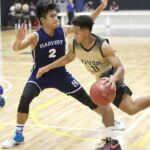 Evan Miller (#11 dribbling) drives towards the basket being guarded by Jacob Oshiro (#2 defending) of the Harvest Eagles. (photo by Raine Delos Reyes)