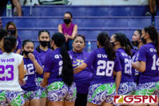 GW Gecko Coach Bobbi Quinata gets her team fired up for a comeback in the second set. (Photo by Michael Blas)