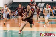FD Friar Matthew Santos drives the ball down court for two points off the fast break. (Photo by Michael Blas)