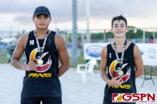 FD Friars Kiko Damian and Thomas Moylan are crowned the 2021 IIAAG Boys Beach Volleyball Champions. (Photo by Michael Blas)