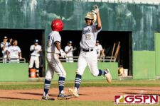 ND Royals Dominic Cruz and Ethan Lizama celebrate their first inning run ins. (Photo by Michael Blas)