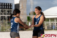 Harvest Eagles Trinity Terlaje and Samantha Lorzano celebrate after scoring. (Photo by Michael Blas)
