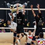 Harvest Eagles Alan Thomas scores on the corner kill shot over Tiyan Titans Trever Martinez and Jericho Snaer. (Photo by Michael Blas)
