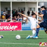 Guam Matao's Dylan Naputi attempts to clear the ball off Philippines Mark Hartmann. (Photo by Michael Blas)