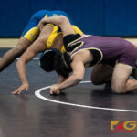 Father Duenas Friars Matias Calvo pins Guam High Panthers Julio Rosas in the 195 pound division of the 2018 IIAAG high school boys wrestling match. (Photo by Michael Blas)