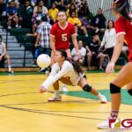 St. John's Knight Yasmeen Lopez gets first touch off an Islander serve to begin the volley. (Photo by Michael Blas)