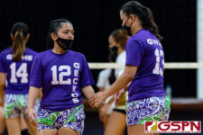 GW Geckos Tasi Tainatongo and Bonita Castro celebrate after winning a volley. (Photo by Michael Blas)