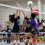 GW Geckos' Aubrienne Chargualaf attacks while AOLG Cougar's Kristen Serrano, left, and Larissa Halladay, right, go in to block. (Photo by Michael Blas)